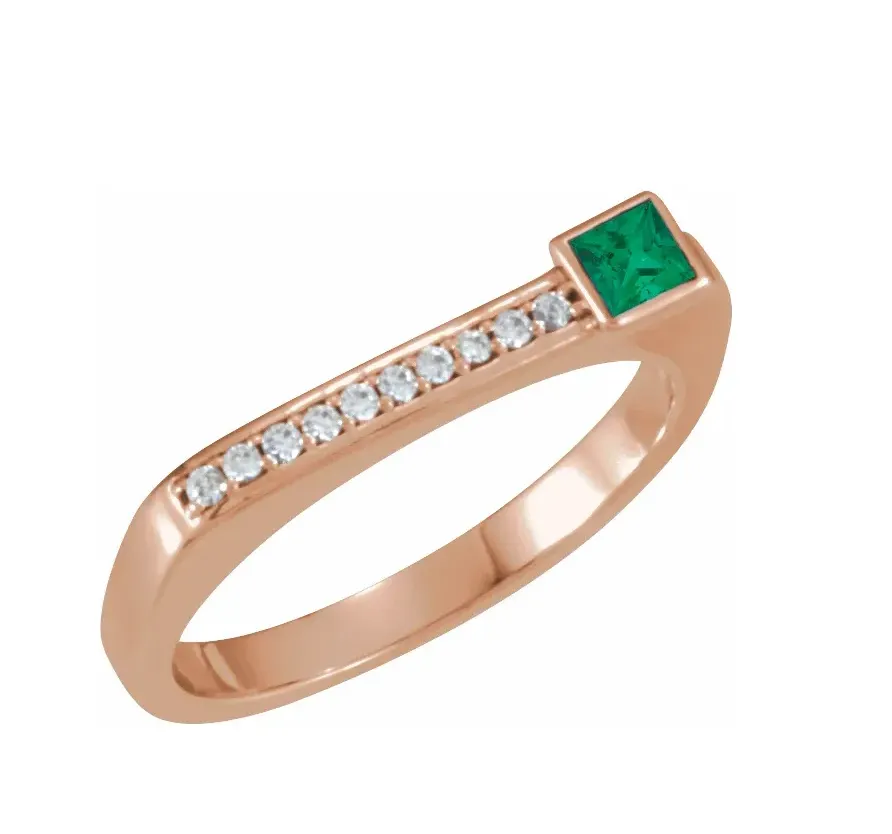 14K White Gold Natural Emerald and Diamond Stackable Ring