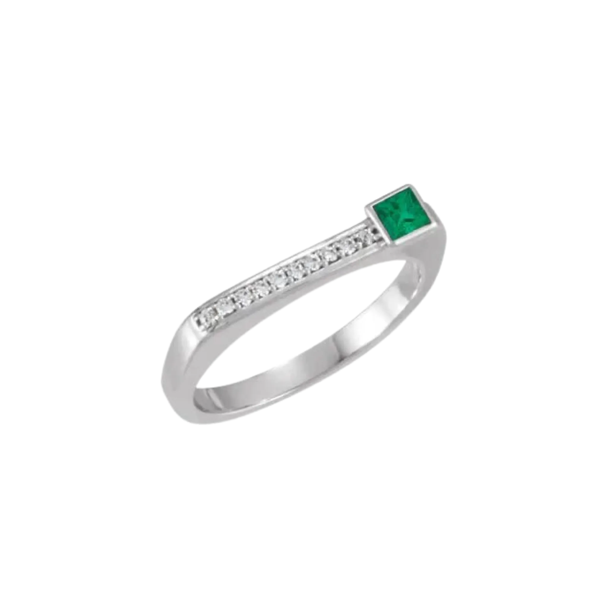 14K White Gold Natural Emerald and Diamond Stackable Ring