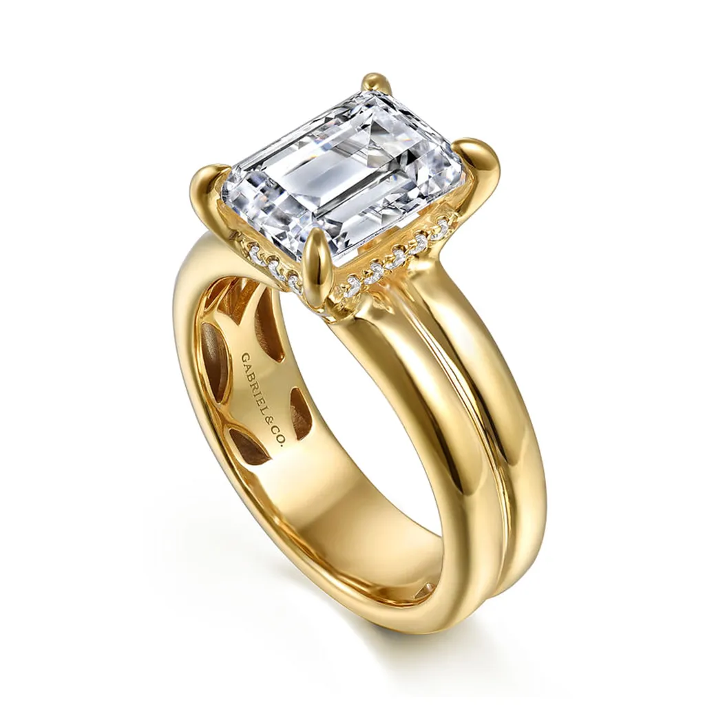 14K Yellow Gold 'Robin' Wide Band Emerald Cut Natural Diamonds Natural Diamonds Engagement Ring