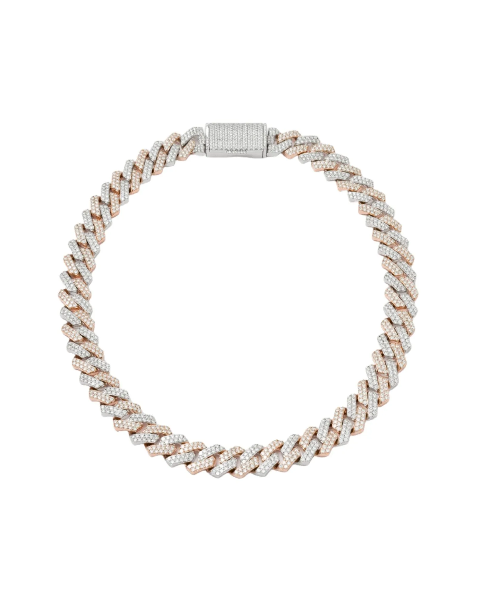 14mm Prong Pav 18K Rose Gold & Rhodium coated Silver Necklace w. Moissanite