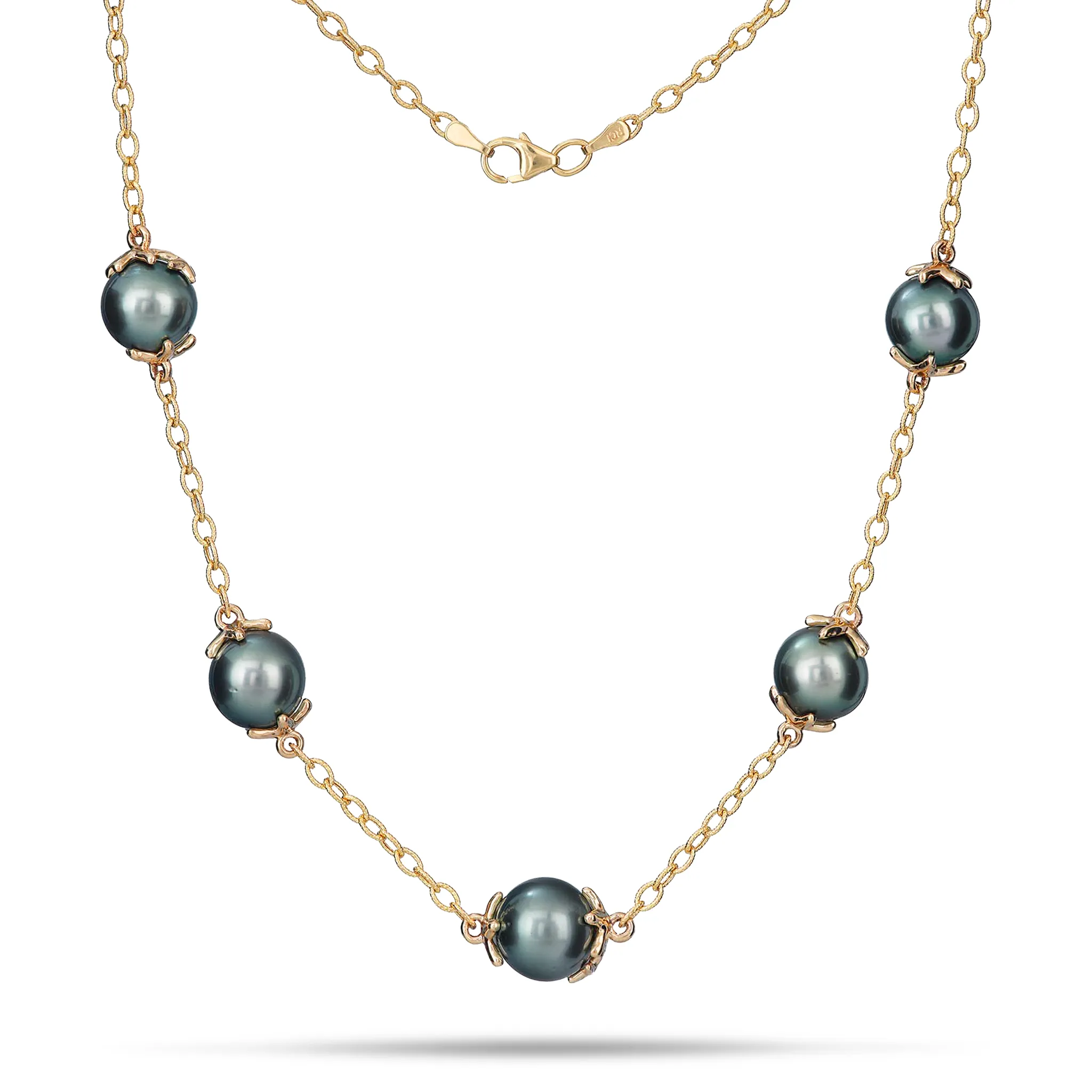 16-22" Adjustable Reefs Starfish Tahitian Black Pearl Necklace in Gold - 10-11mm