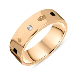 18ct Rose Gold Whitby Jet 0.18ct Diamond Queen's Jubilee Hallmark Princess Cut 6mm Ring D