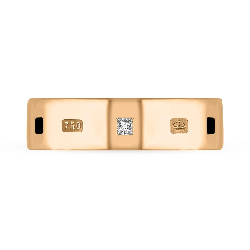 18ct Rose Gold Whitby Jet 0.18ct Diamond Queen's Jubilee Hallmark Princess Cut 6mm Ring D