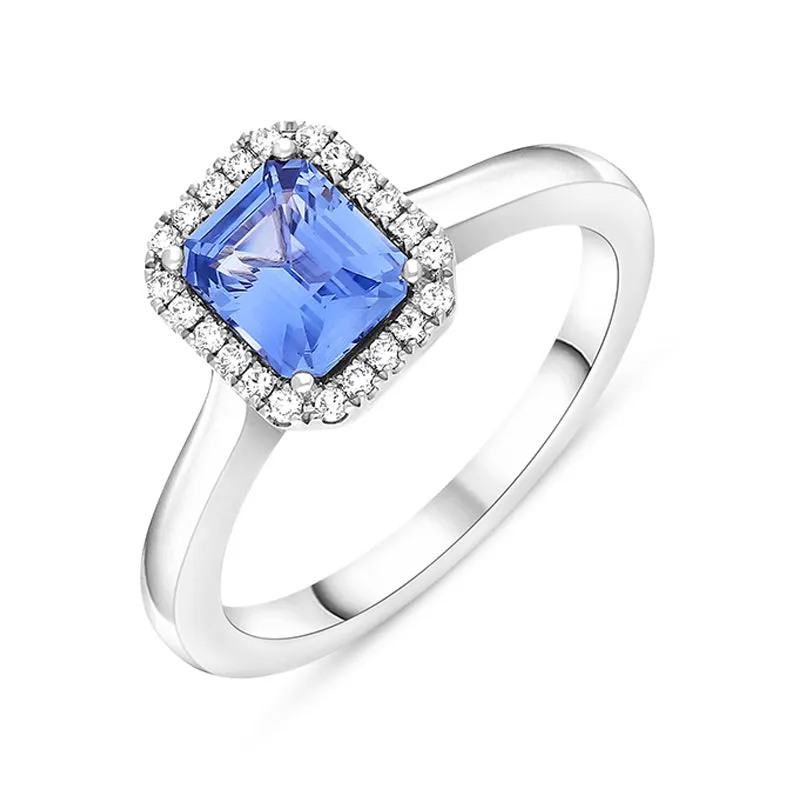 18ct White Gold Sapphire Diamond Emerald Cut Cluster Ring D