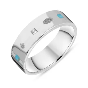 18ct White Gold Turquoise 0.18ct Diamond Queen's Jubilee Hallmark Princess Cut 6mm Ring D