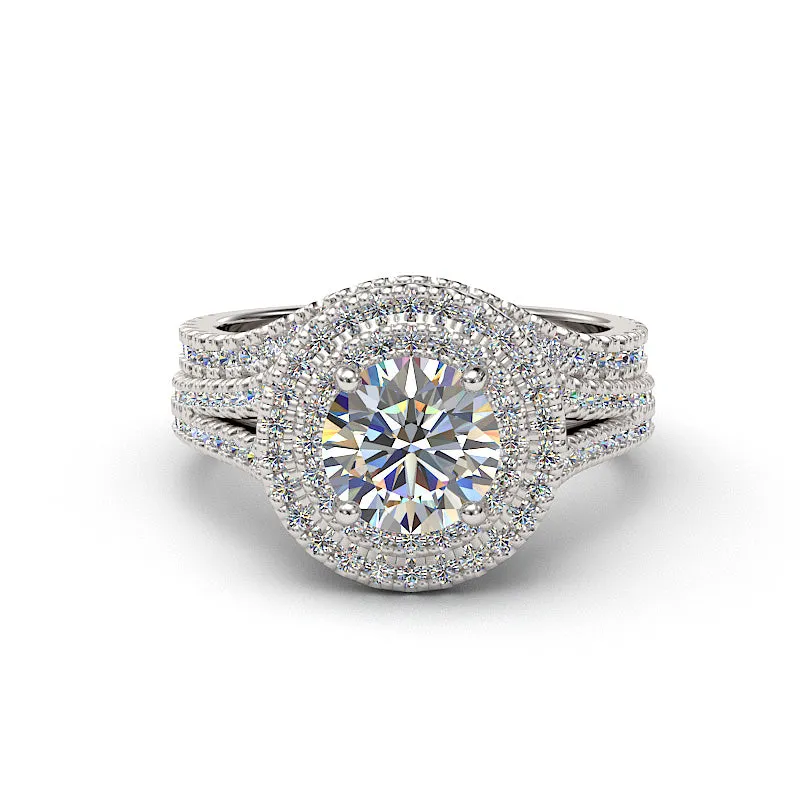 2.0ct Brilliant Diamond Double Halo Gold Bridal Wedding Ring  - 01US11