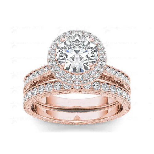 2.0ct Brilliant Diamond Halo Gold Bridal Set - 01US06