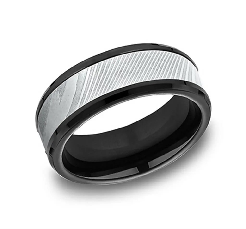 Black Titanium Damascus Steel 8mm Beveled Wedding Band