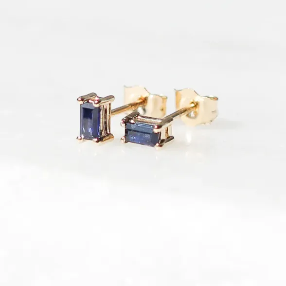 Blue Sapphire Baguette Stud Earrings
