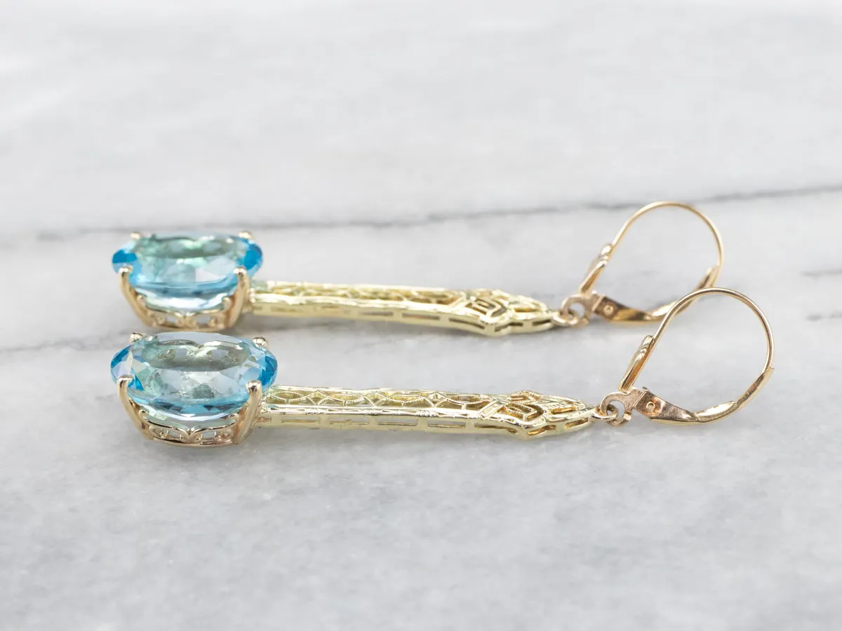 Blue Topaz Gold Filigree Bar Drop Earrings