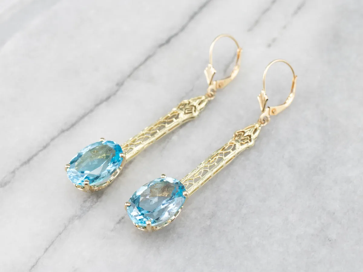 Blue Topaz Gold Filigree Bar Drop Earrings