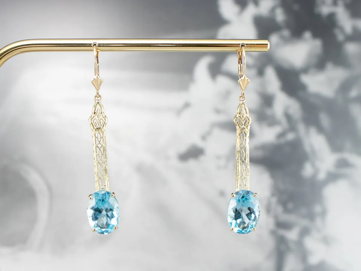 Blue Topaz Gold Filigree Bar Drop Earrings