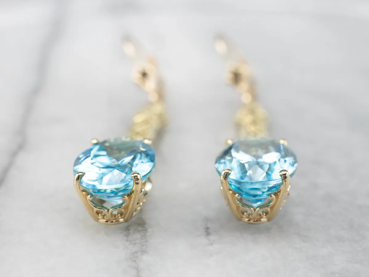 Blue Topaz Gold Filigree Bar Drop Earrings