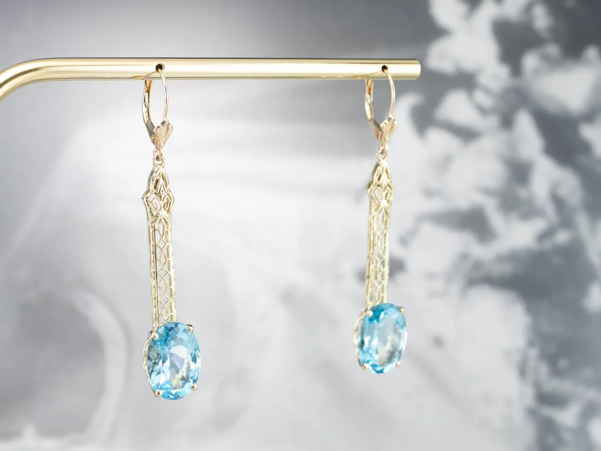 Blue Topaz Gold Filigree Bar Drop Earrings