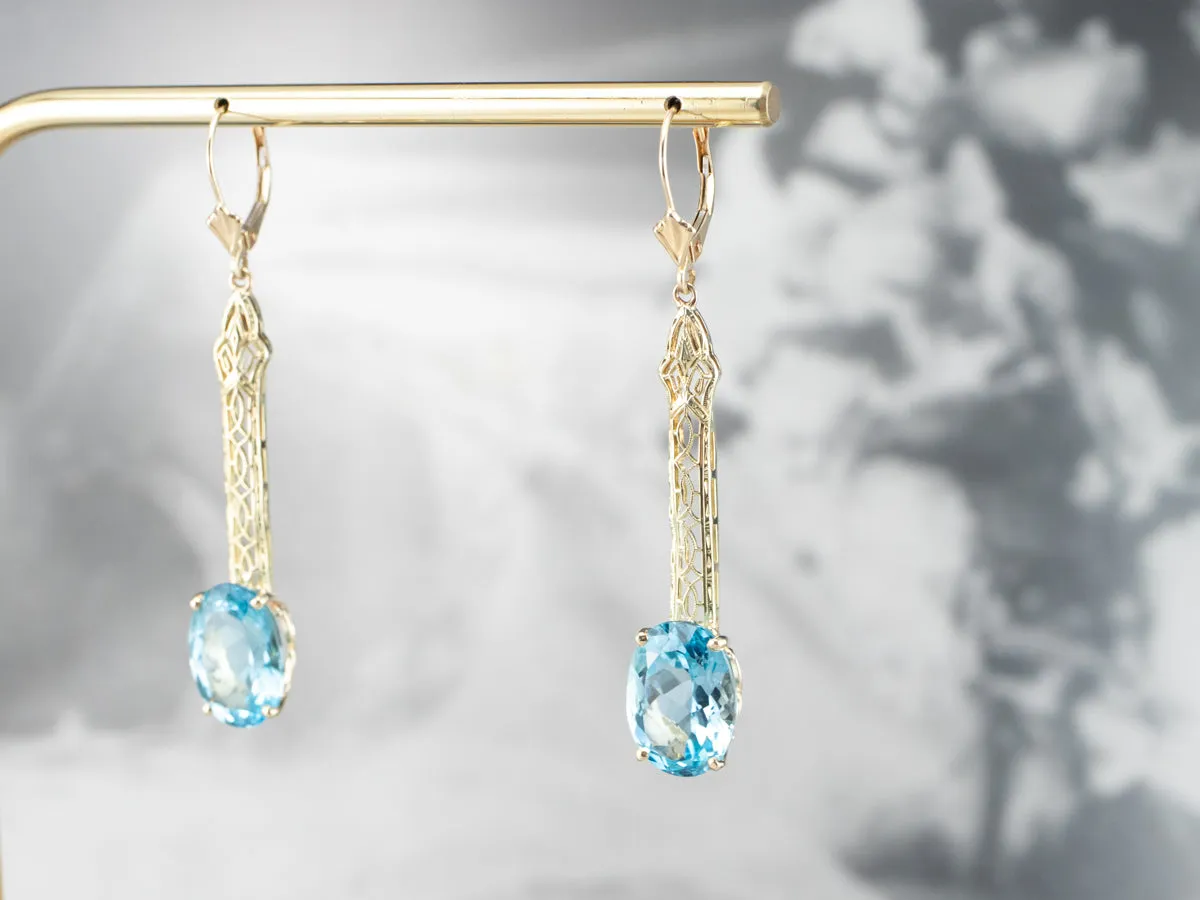Blue Topaz Gold Filigree Bar Drop Earrings