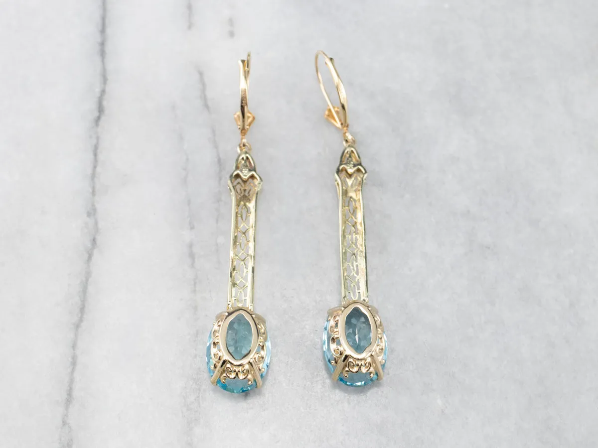 Blue Topaz Gold Filigree Bar Drop Earrings