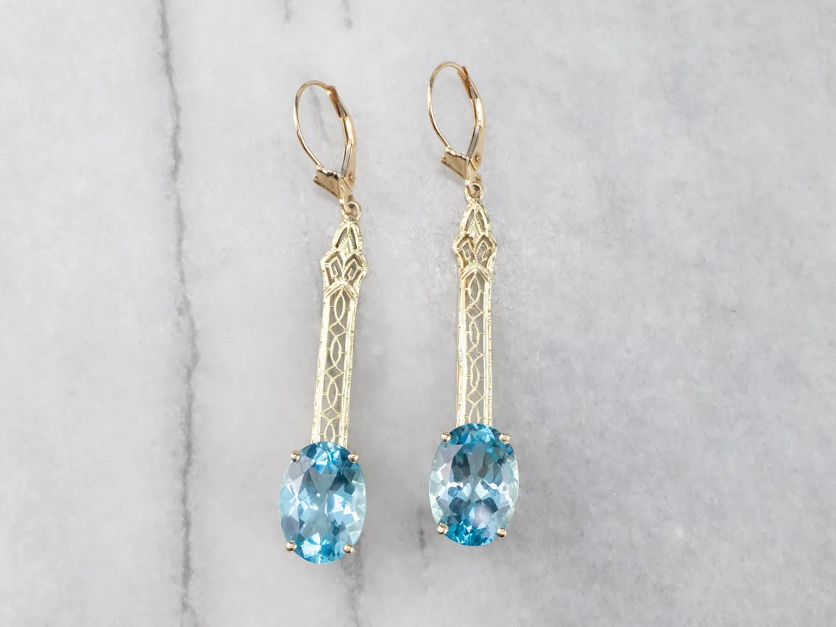 Blue Topaz Gold Filigree Bar Drop Earrings