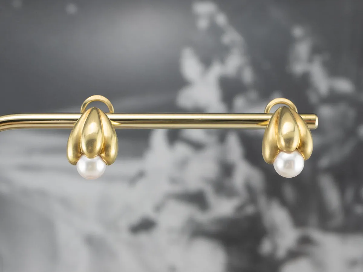 Botanical Brushed Gold Pearl Drop Earrings