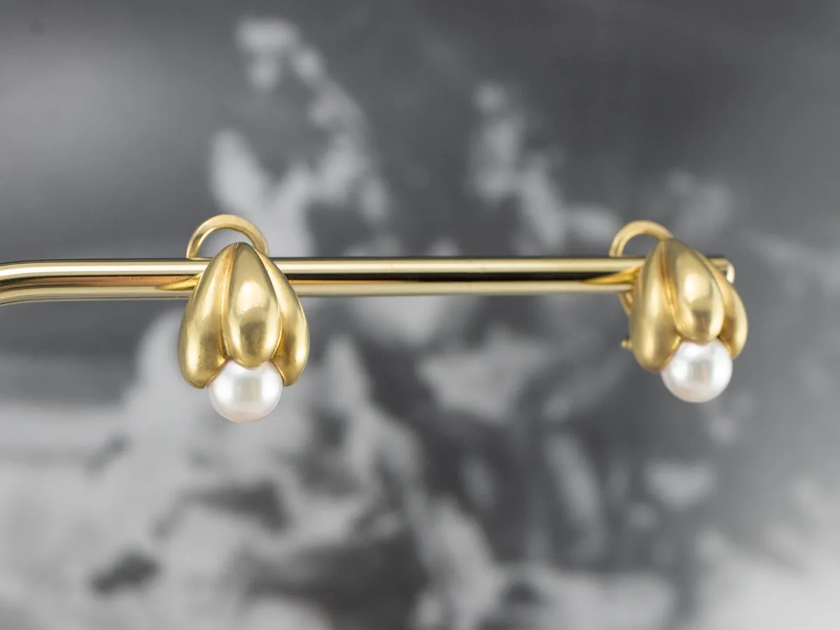 Botanical Brushed Gold Pearl Drop Earrings
