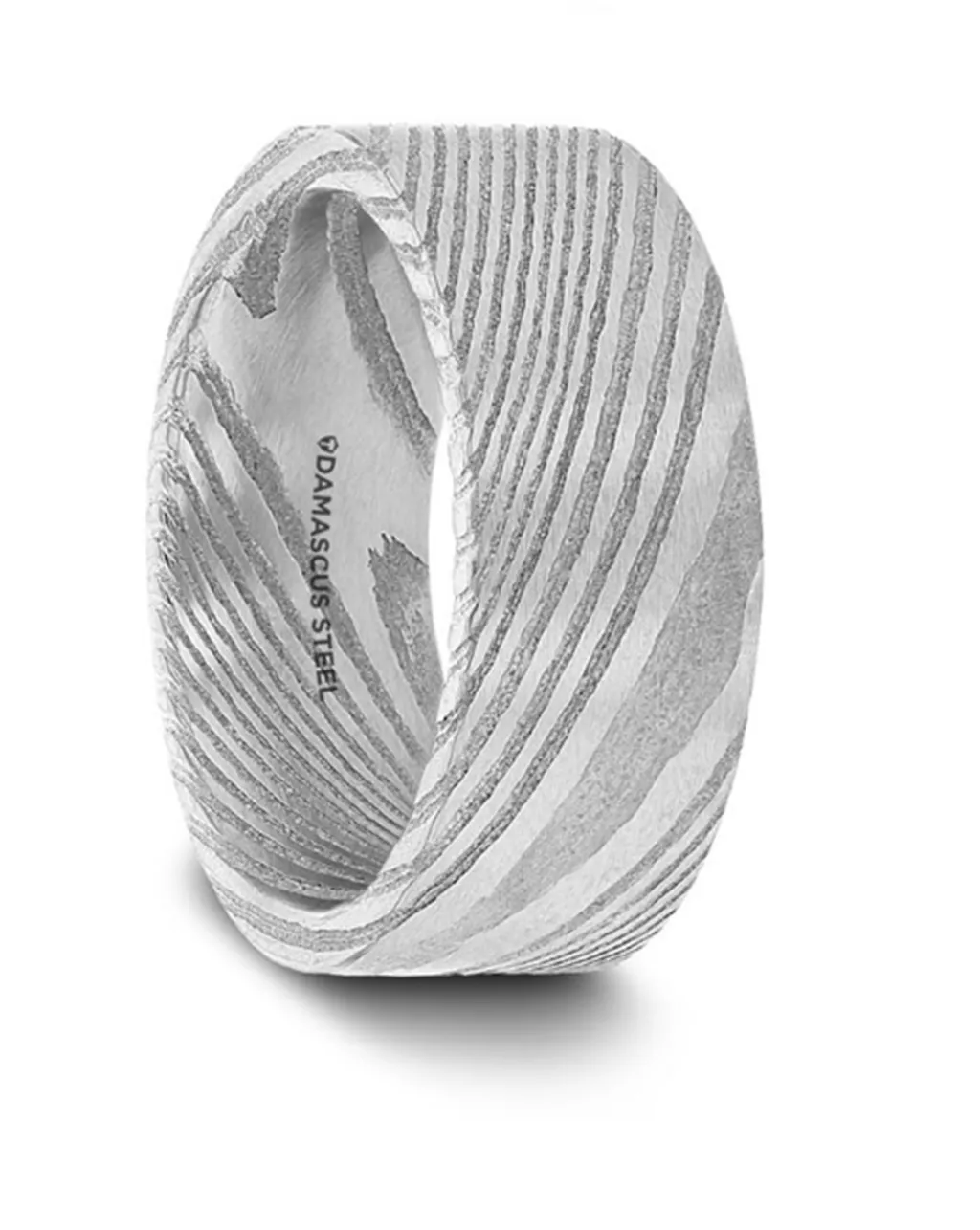 Damascus Steel ??Xander?? 6mm Vivid Etched Design On Grey Flat Brushed Wedding Band