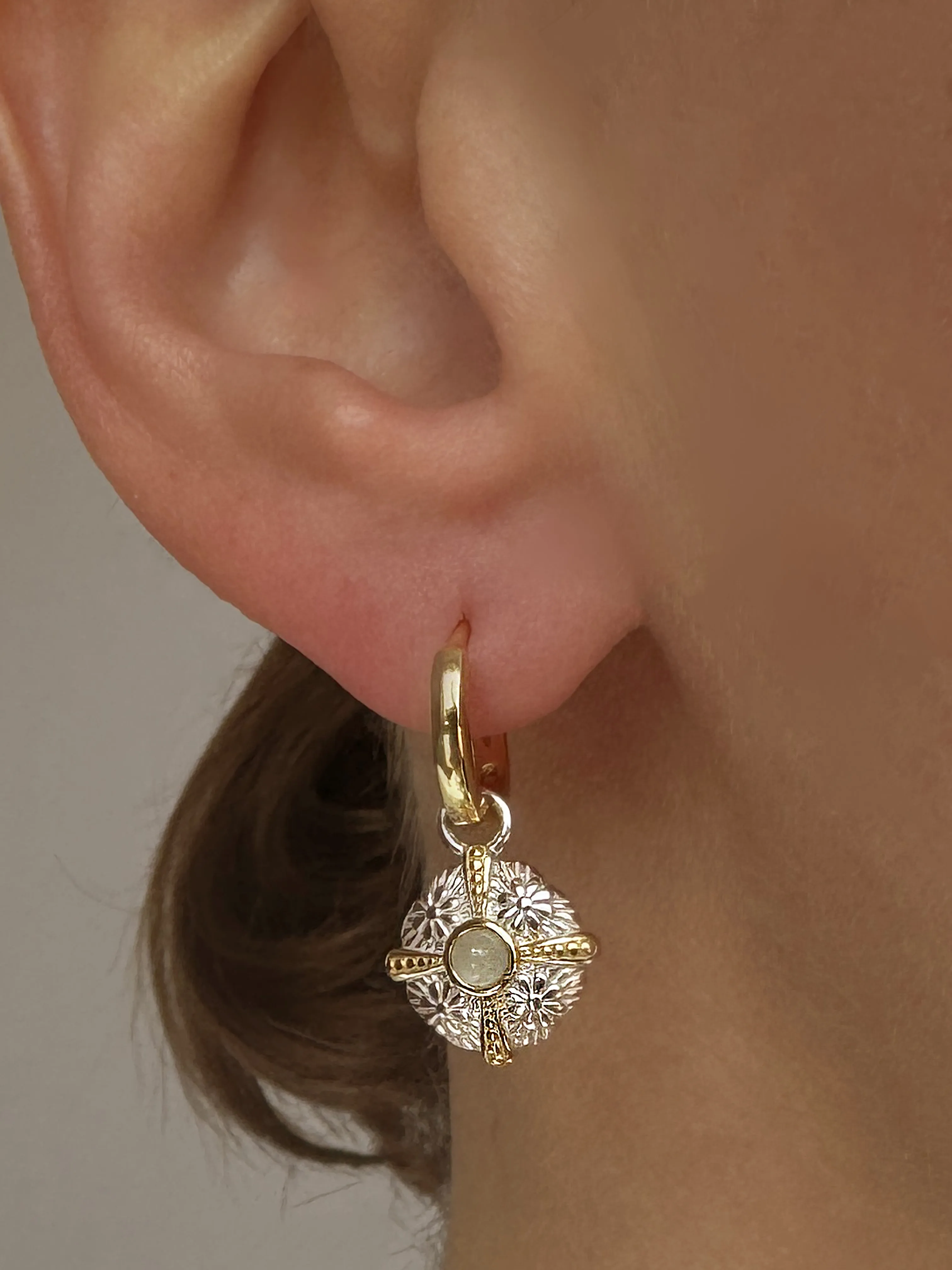Earrings in 925 Silver plated Silver and 18k Yellow Gold assembled with Green Quartz