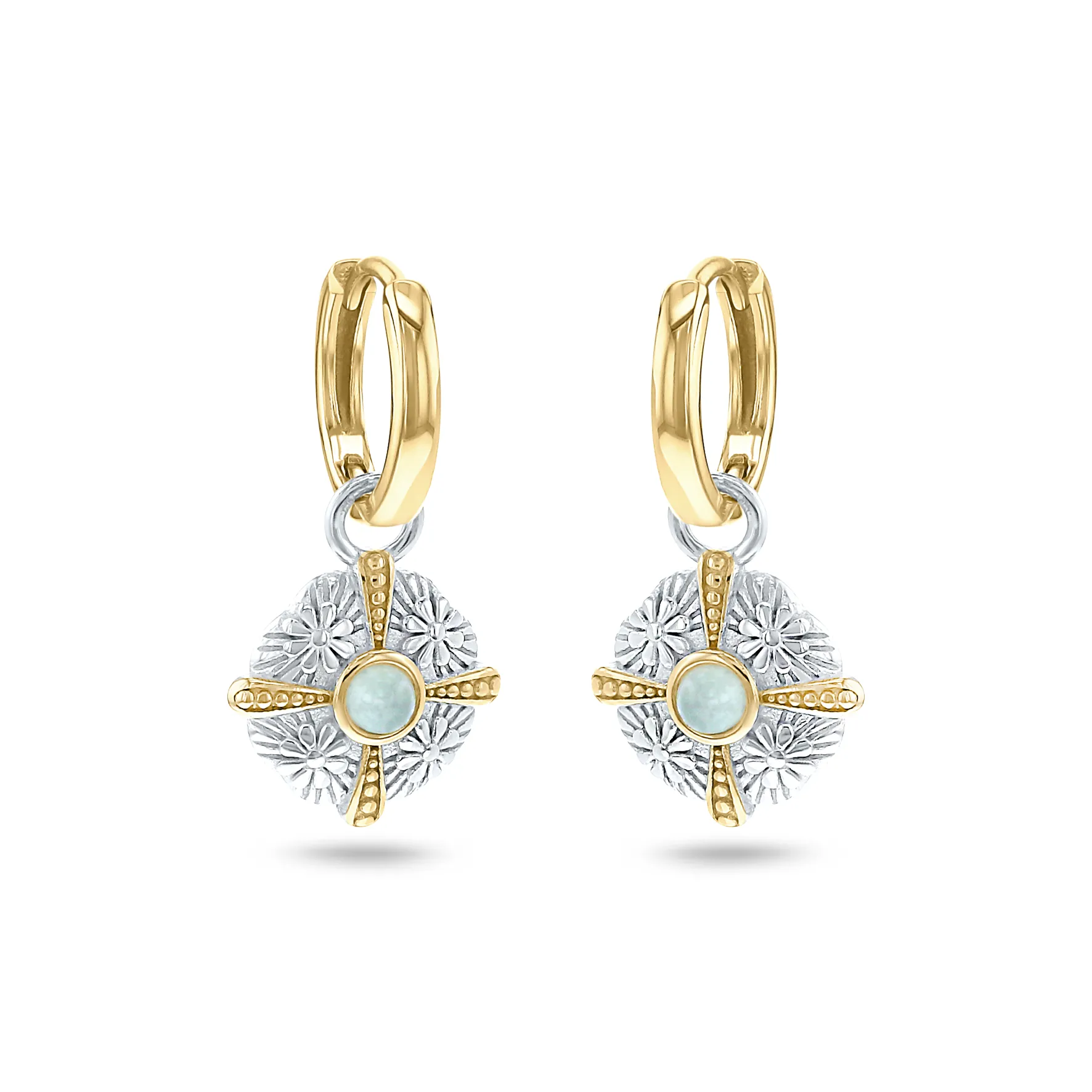 Earrings in 925 Silver plated Silver and 18k Yellow Gold assembled with Green Quartz