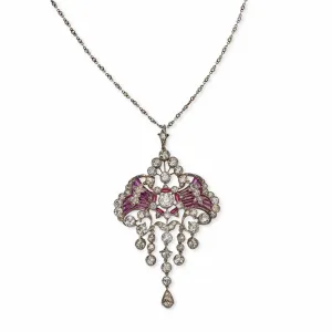 Edwardian Diamond and Plique-??-jour Enamel Pendant Necklace