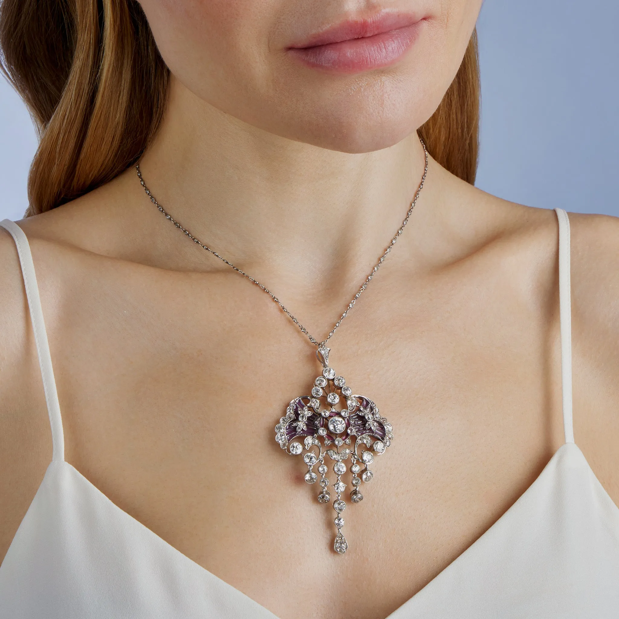 Edwardian Diamond and Plique-??-jour Enamel Pendant Necklace