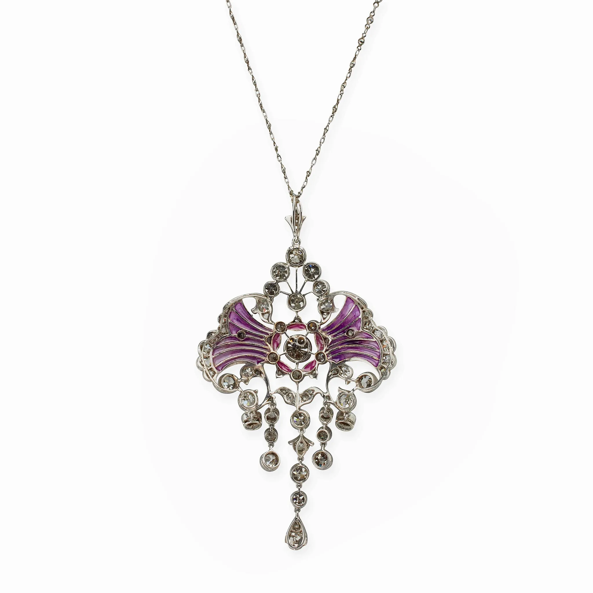 Edwardian Diamond and Plique-??-jour Enamel Pendant Necklace