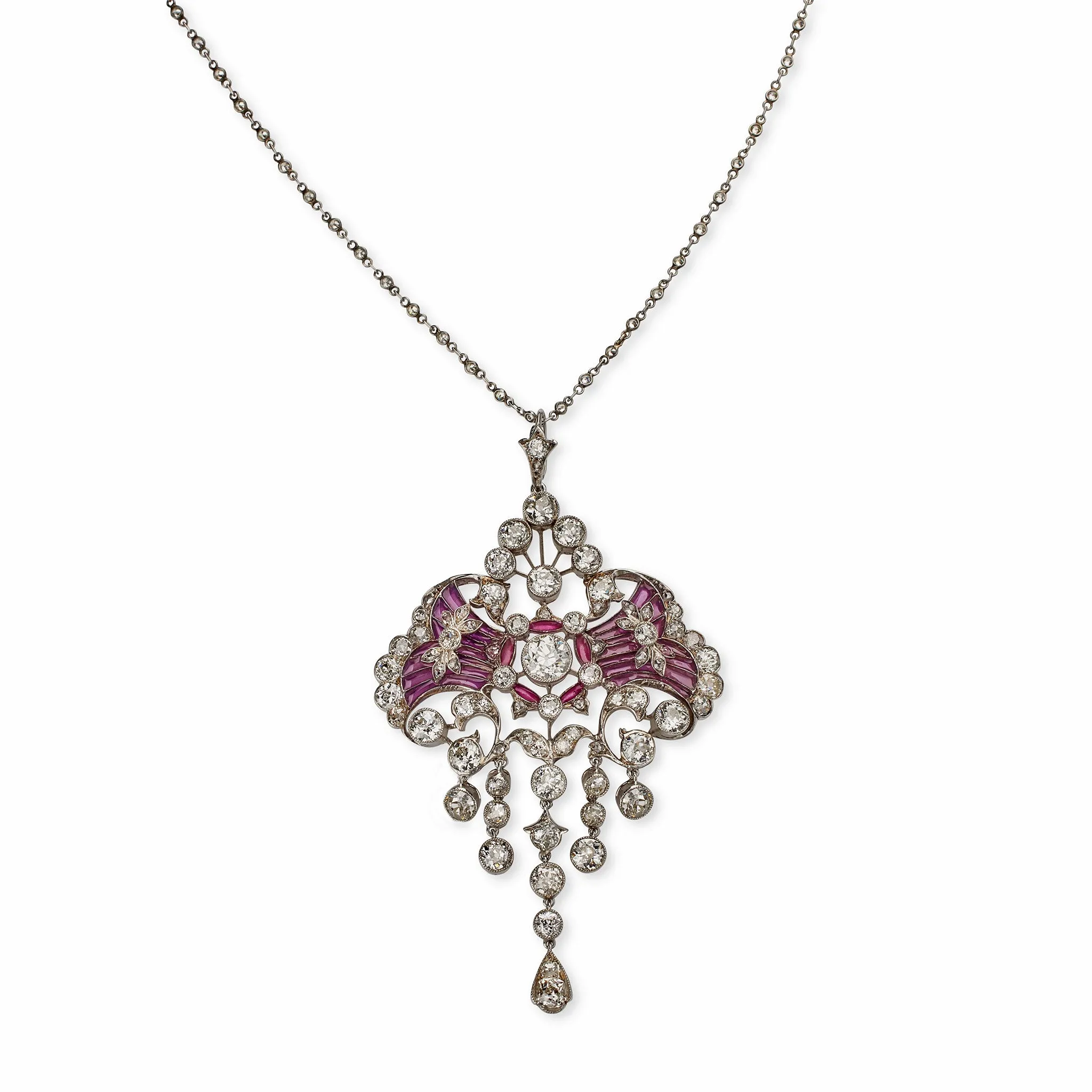 Edwardian Diamond and Plique-??-jour Enamel Pendant Necklace