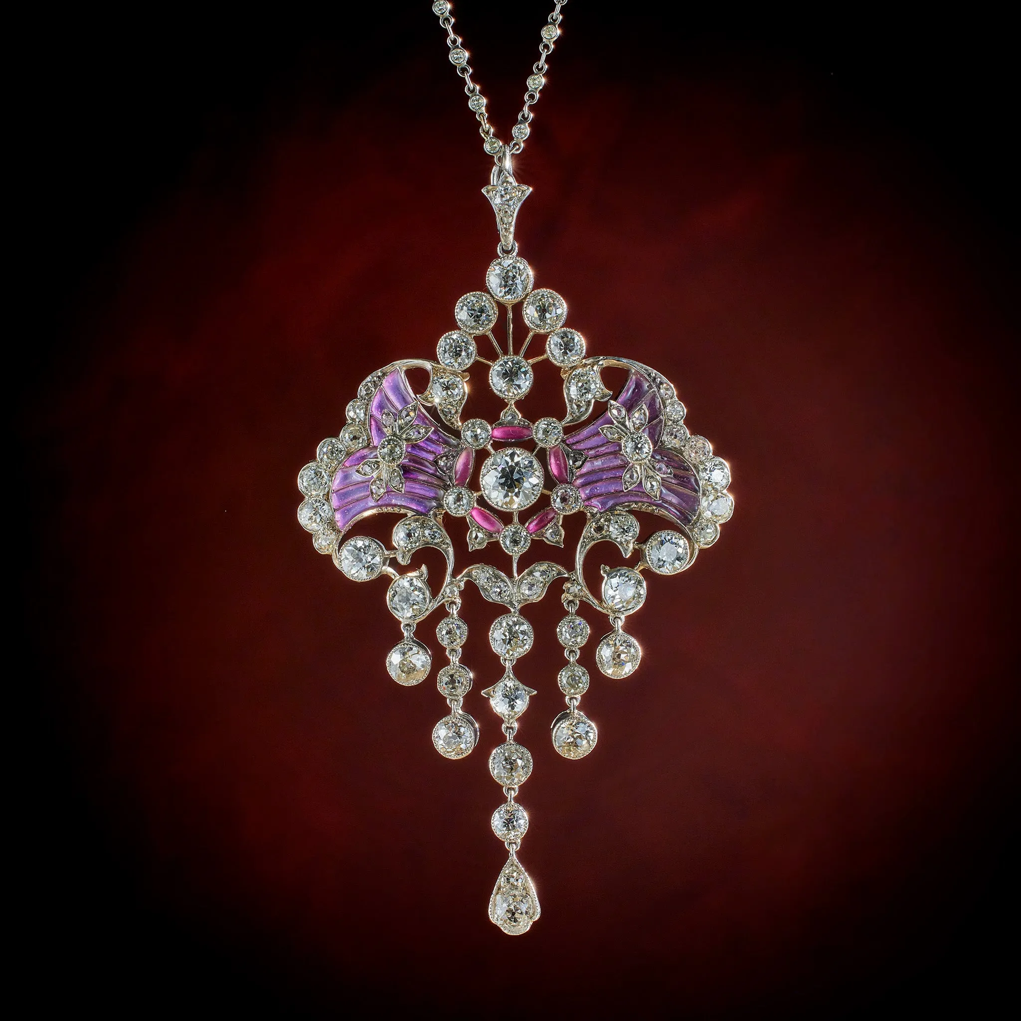 Edwardian Diamond and Plique-??-jour Enamel Pendant Necklace