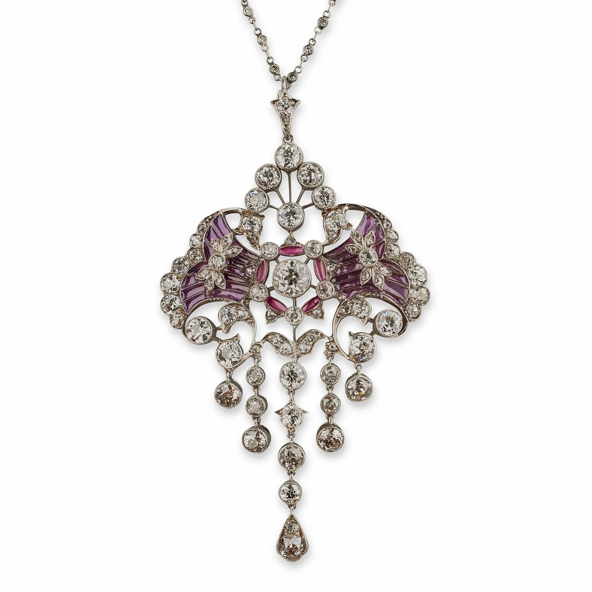 Edwardian Diamond and Plique-??-jour Enamel Pendant Necklace