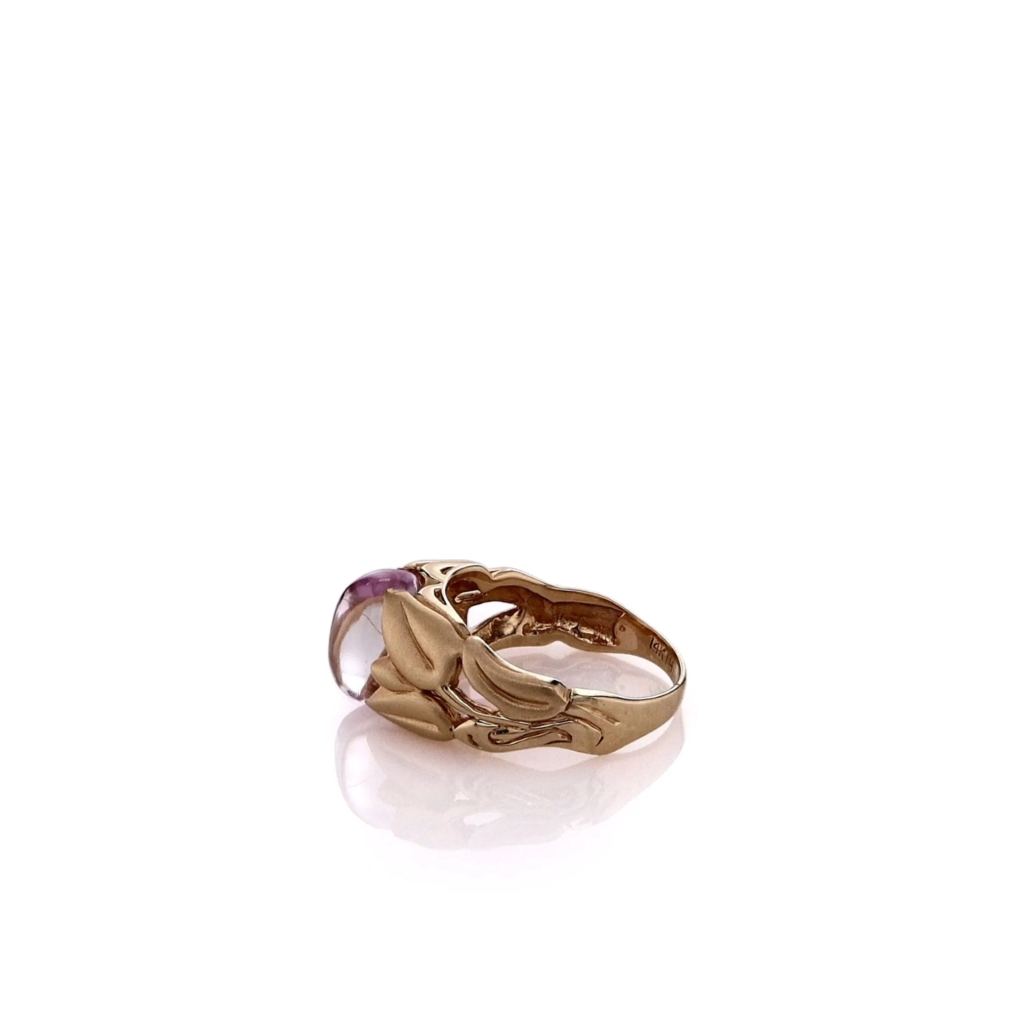 Estate 14k Yellow Gold Floral Shank Design Pink Cabochon Kunzite Ring