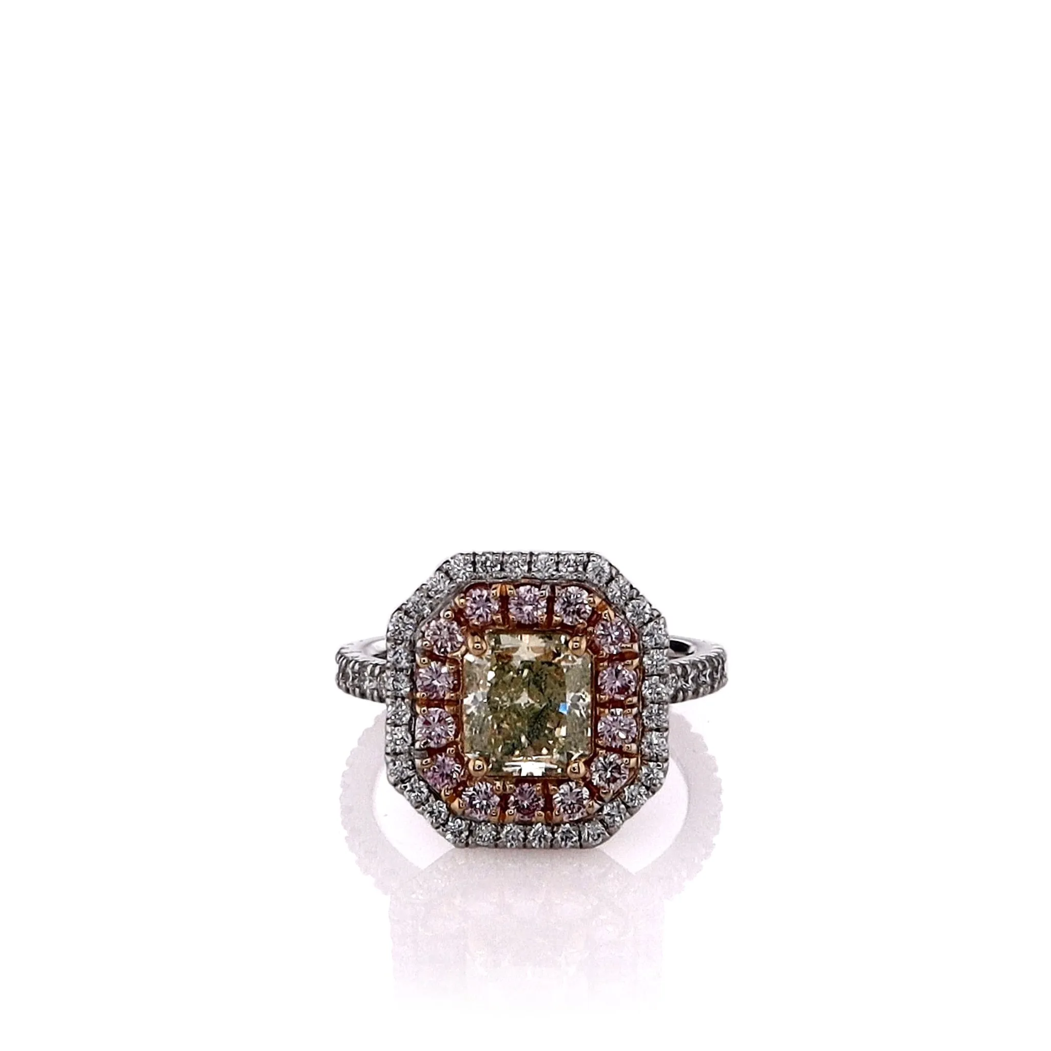 Estate 18k Two-Tone Fancy Yellow-Green and Pink Diamond Double Halo Ring