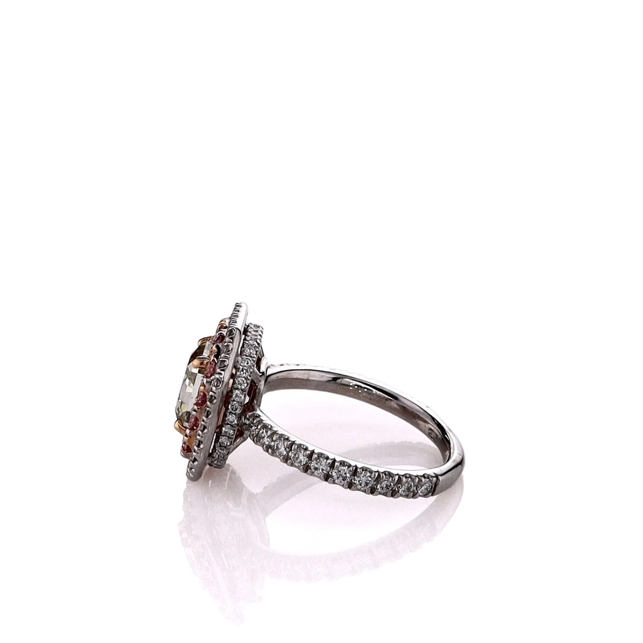 Estate 18k Two-Tone Fancy Yellow-Green and Pink Diamond Double Halo Ring