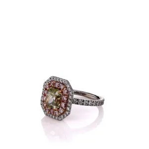 Estate 18k Two-Tone Fancy Yellow-Green and Pink Diamond Double Halo Ring