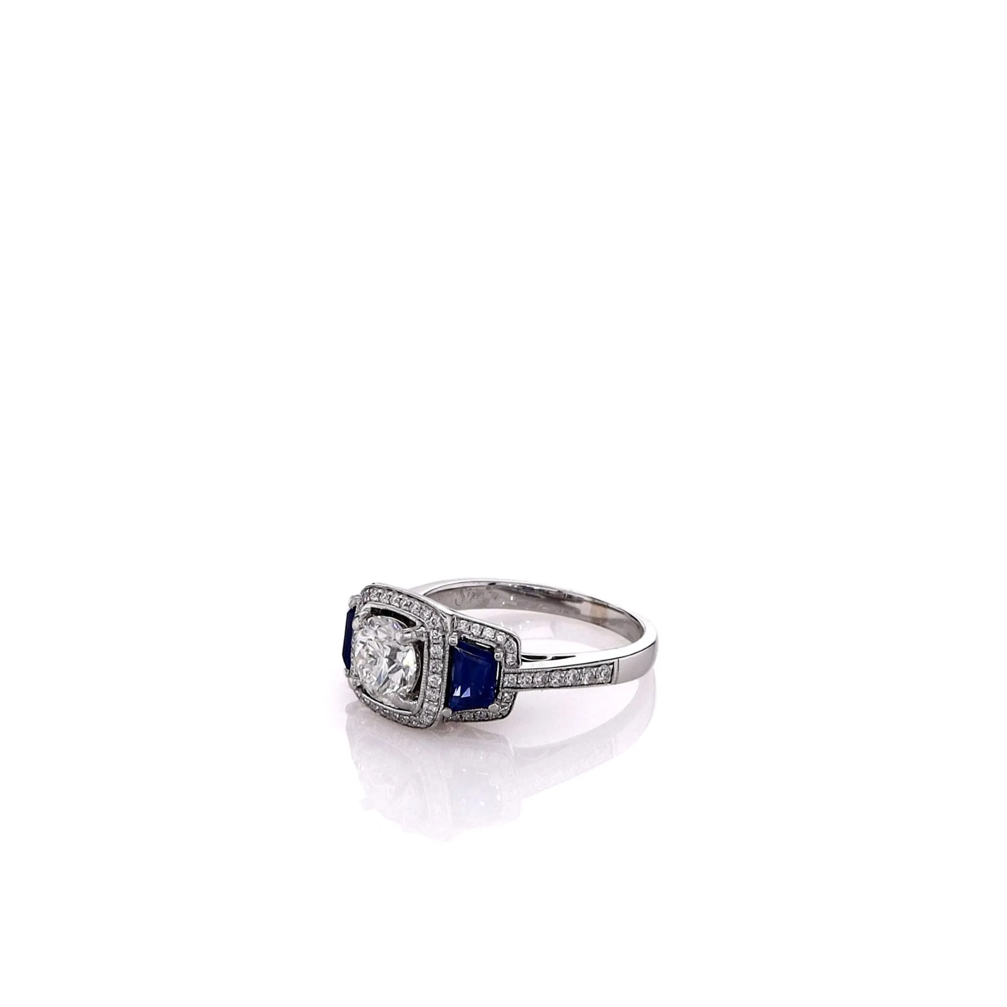 Estate Simon G 18 Karat White Gold Diamond and Sapphire Milgrain Ring