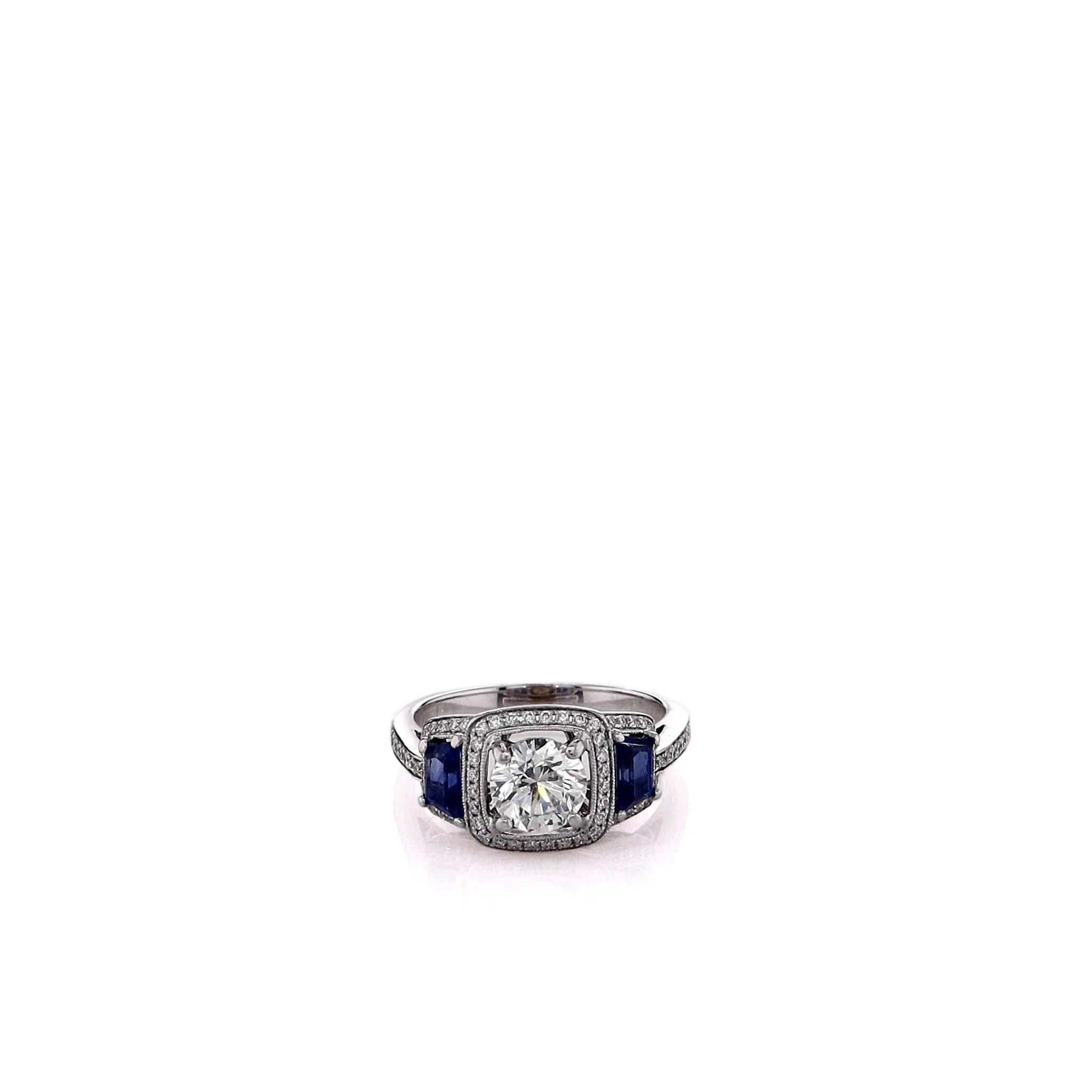 Estate Simon G 18 Karat White Gold Diamond and Sapphire Milgrain Ring