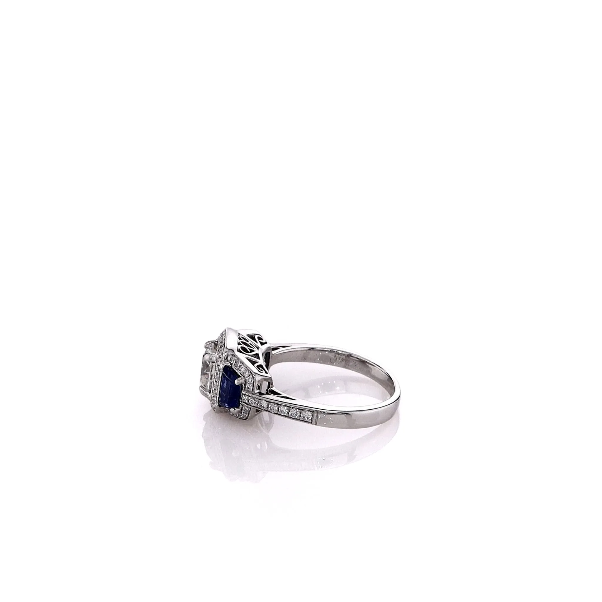 Estate Simon G 18 Karat White Gold Diamond and Sapphire Milgrain Ring