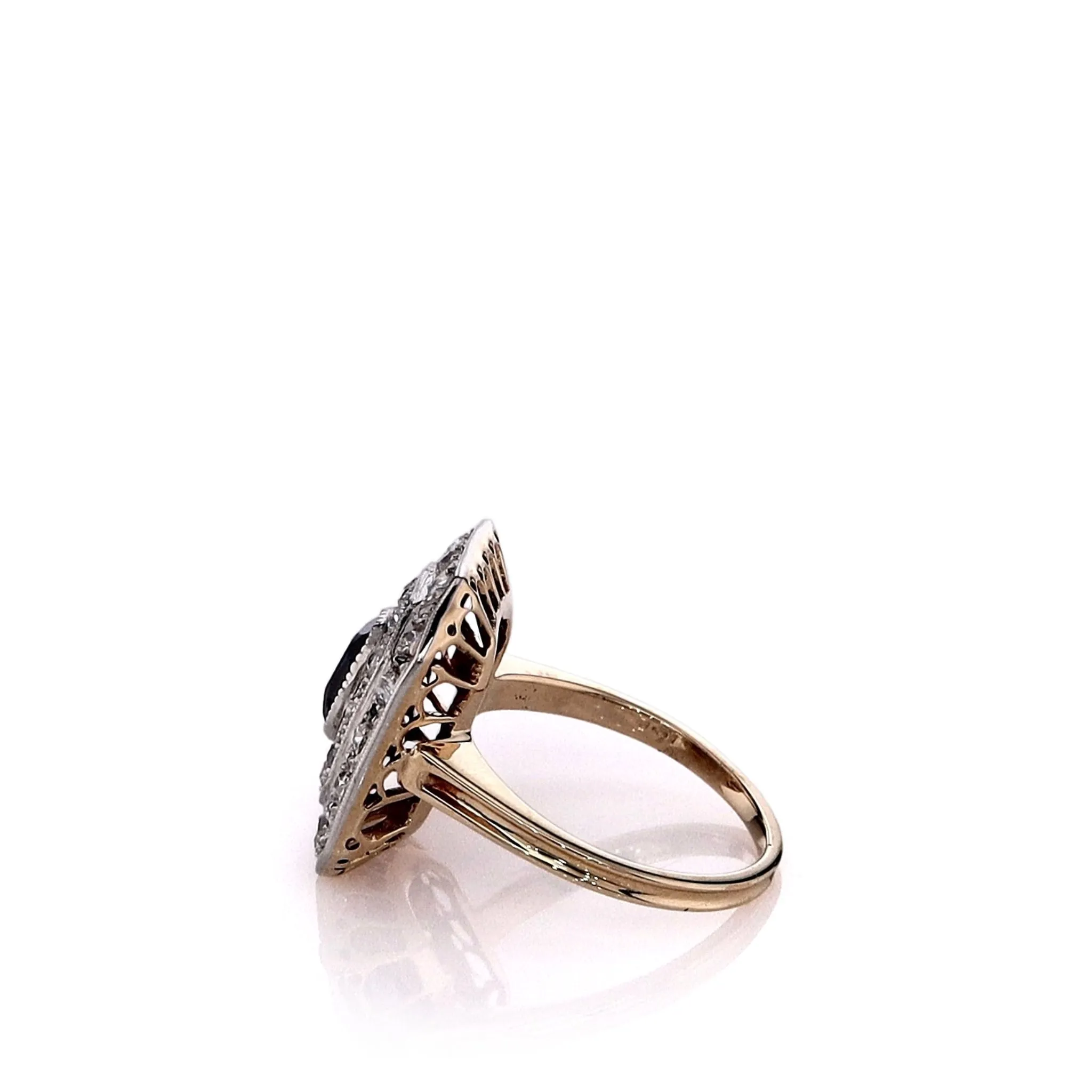 Estate Two-Tone Vintage Blue Glass Center and Diamond Double Halo Ring