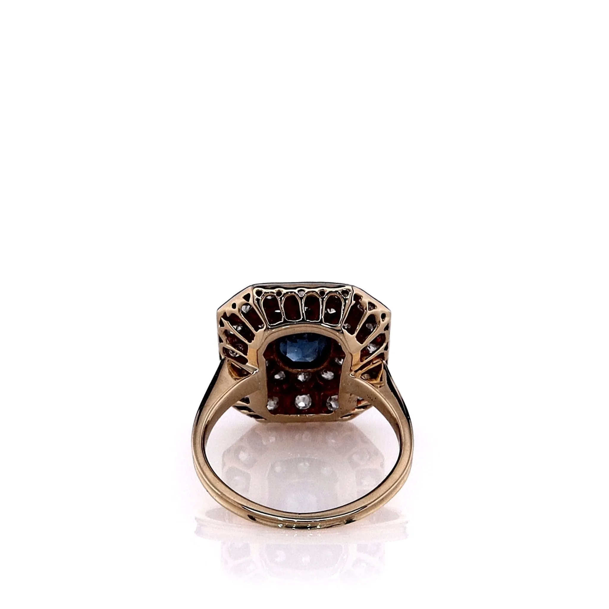 Estate Two-Tone Vintage Blue Glass Center and Diamond Double Halo Ring