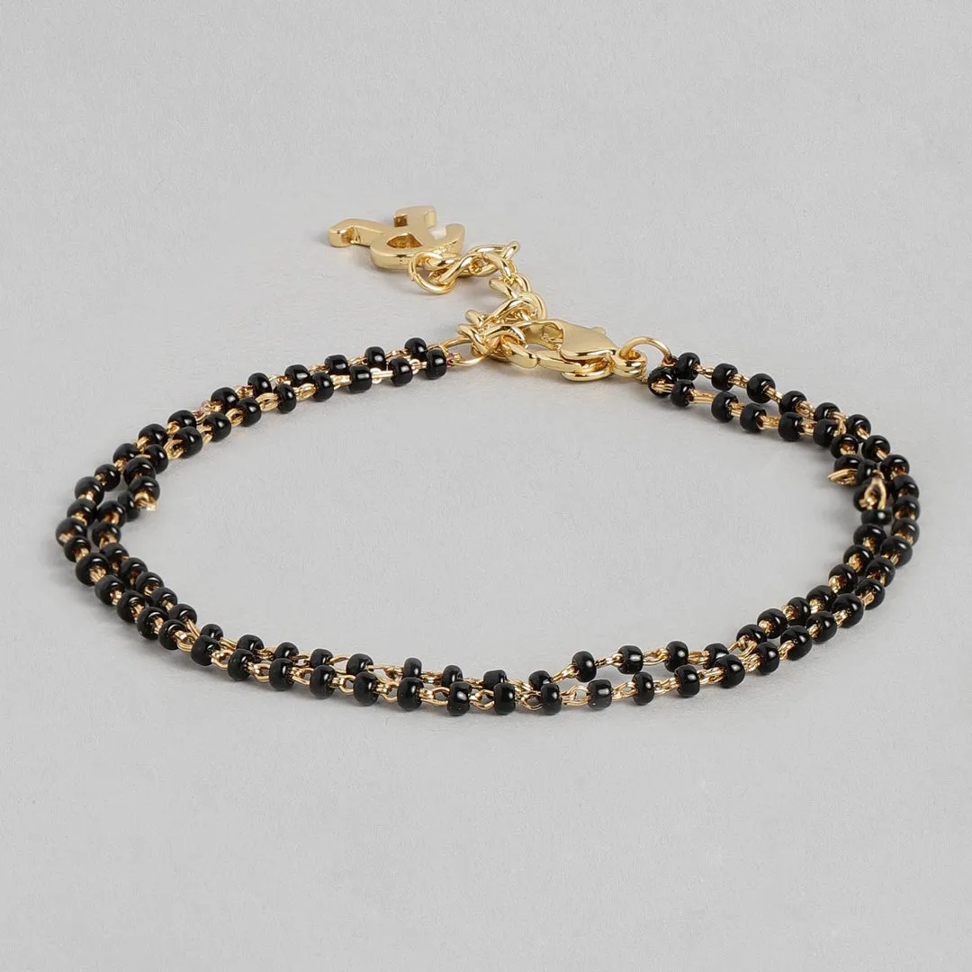 Estele Gold Plated Stylish Personalized "R" Letter Mangalsutra Charm Bracelet with Black Beads for Women