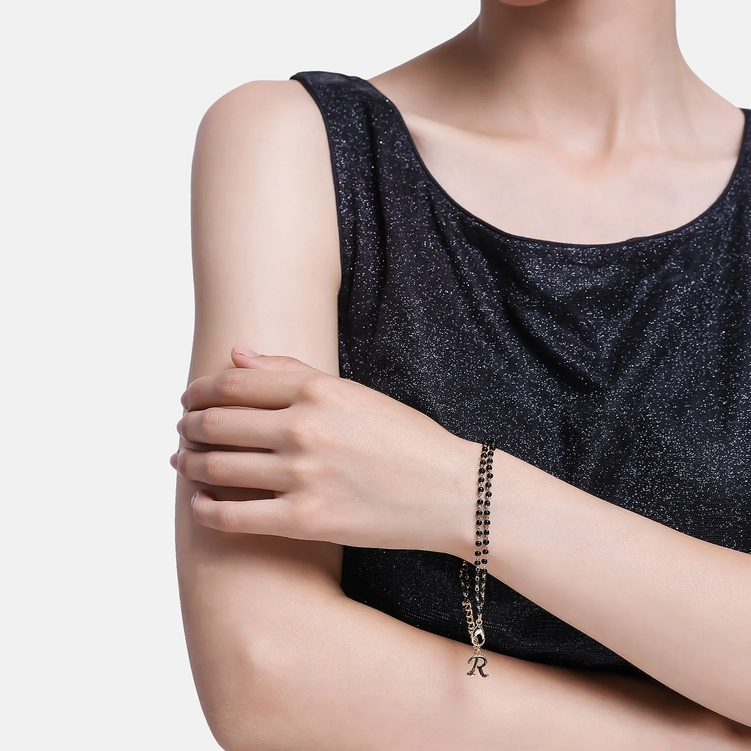 Estele Gold Plated Stylish Personalized "R" Letter Mangalsutra Charm Bracelet with Black Beads for Women