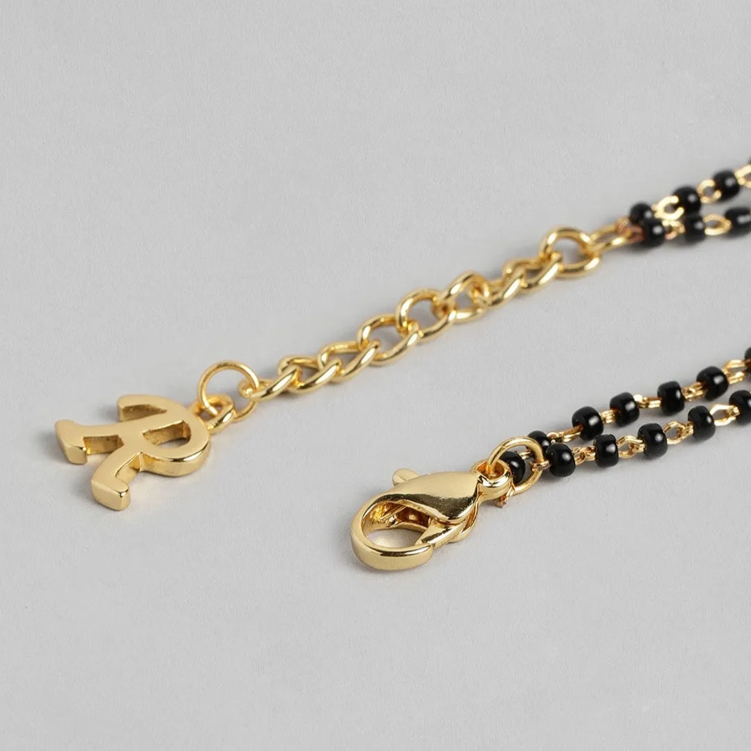 Estele Gold Plated Stylish Personalized "R" Letter Mangalsutra Charm Bracelet with Black Beads for Women