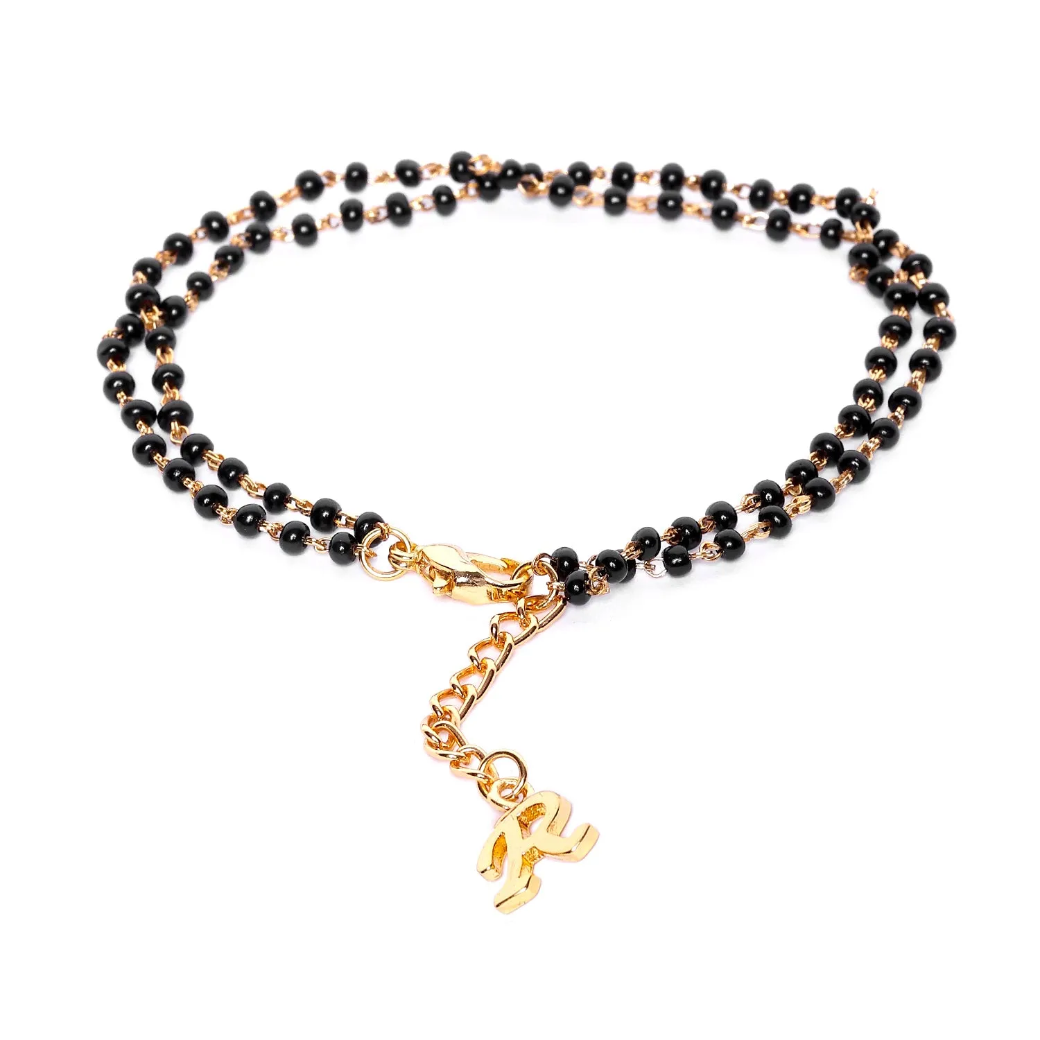 Estele Gold Plated Stylish Personalized "R" Letter Mangalsutra Charm Bracelet with Black Beads for Women