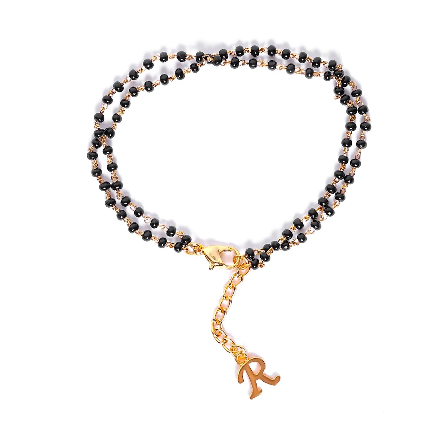Estele Gold Plated Stylish Personalized "R" Letter Mangalsutra Charm Bracelet with Black Beads for Women