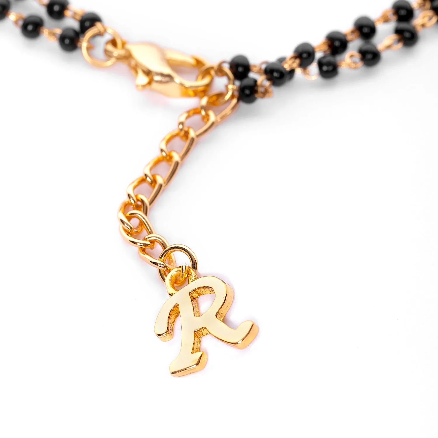 Estele Gold Plated Stylish Personalized "R" Letter Mangalsutra Charm Bracelet with Black Beads for Women