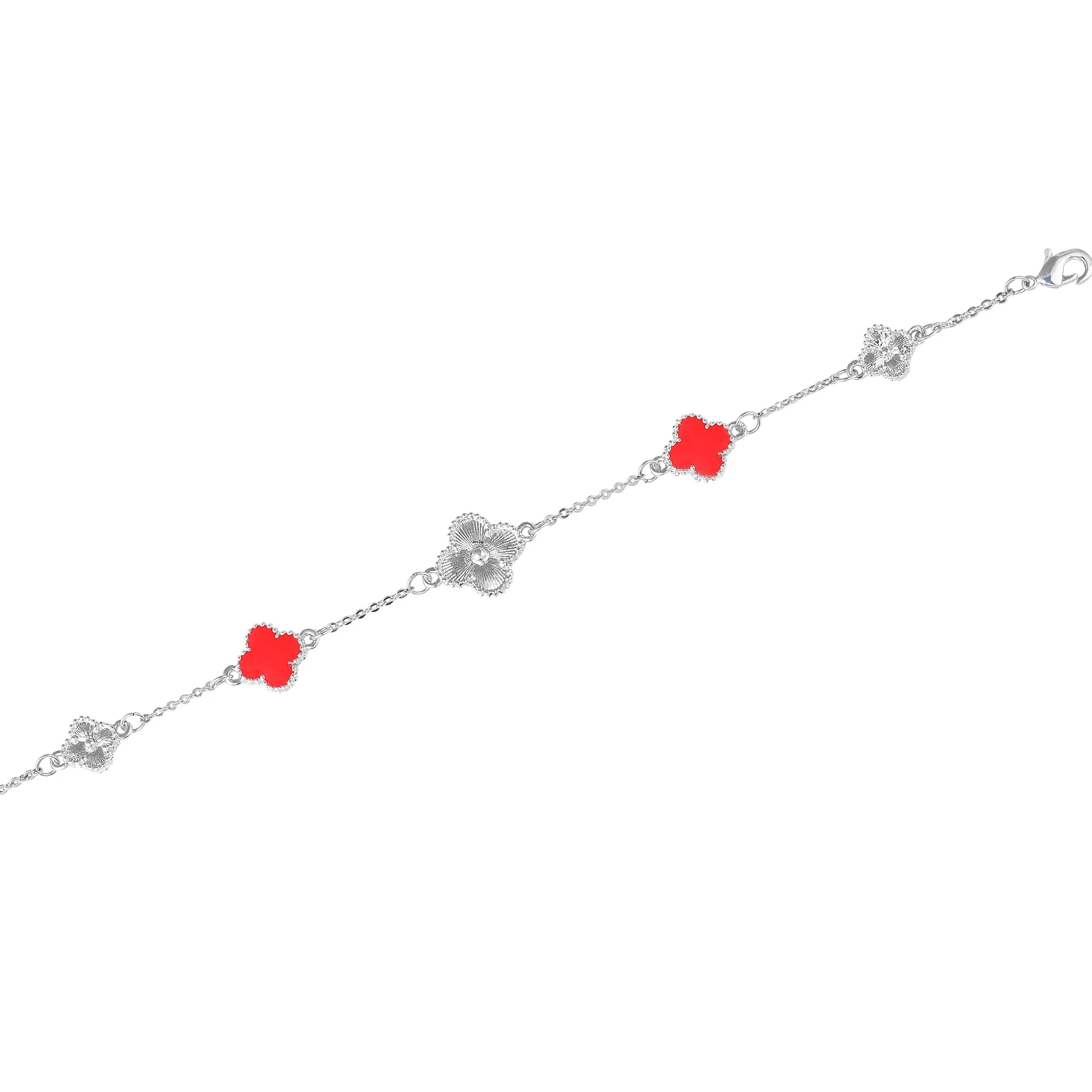 Estele Rhodium Plated Stylish & Trendy Red Vintage Clover Leaf Designer Adjustable Charm Bracelet for Girls and Women