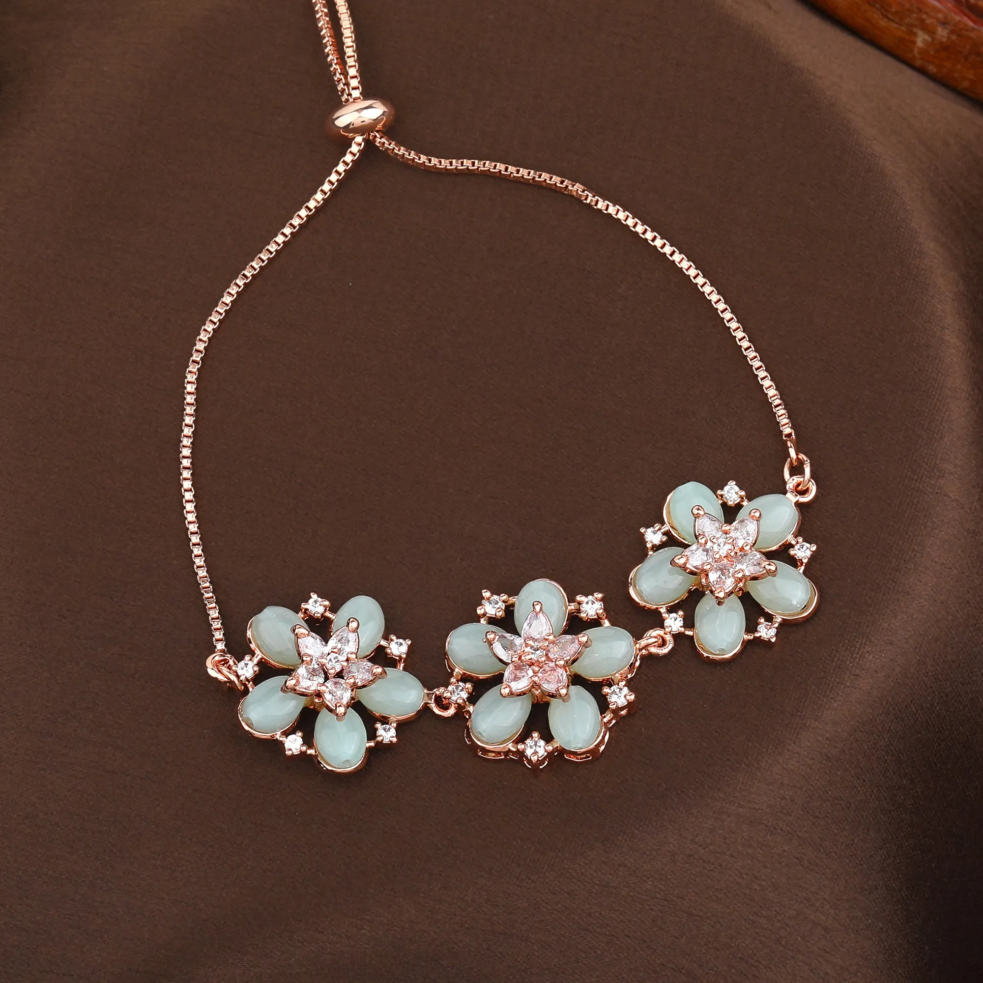 Estele Rosegold Plated Floral-Inspired Mint Green Beaded Adjustable Varya Bracelet|A Graceful Accessory for Modern Women