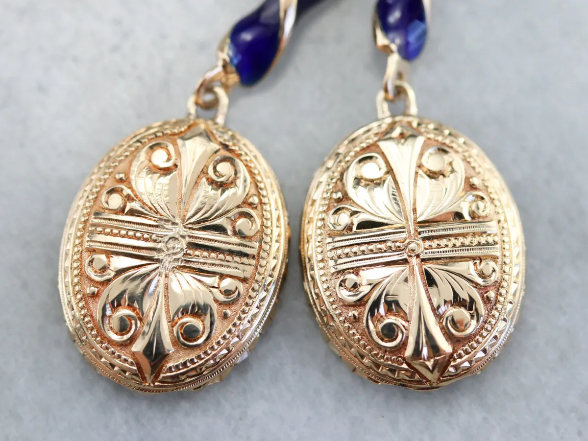 Etched Gold and Enamel Drop Earrings